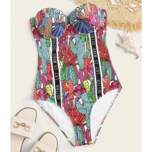 Cactus Print Bandeau Style One-piece Swimsuit